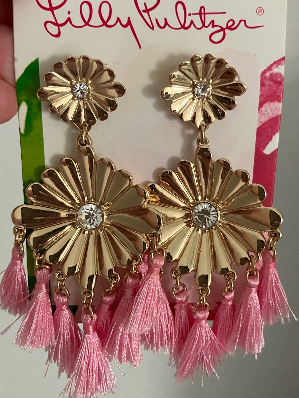 Lilly Pulitzer Gold Flower Tassel Earrings with Pink Fringe new on card